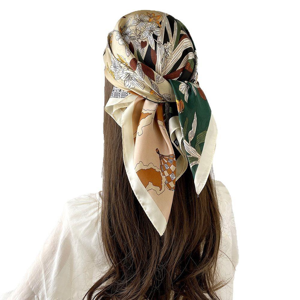 Literary and retro small square scarf geometric printing imitation silk scarf sun protection neck scarf versatile shirt professional scarf