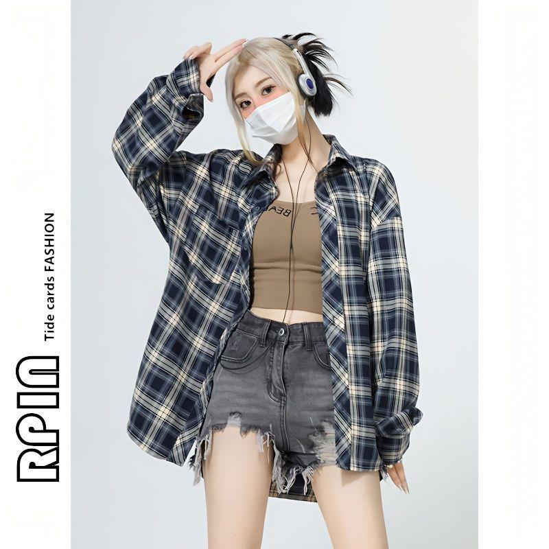 

Большой размер 300 кошек толстый мм силовой стиль носить клетчатую рубашку с длинными рукавами женский осенний кардиган рубашка ins tide