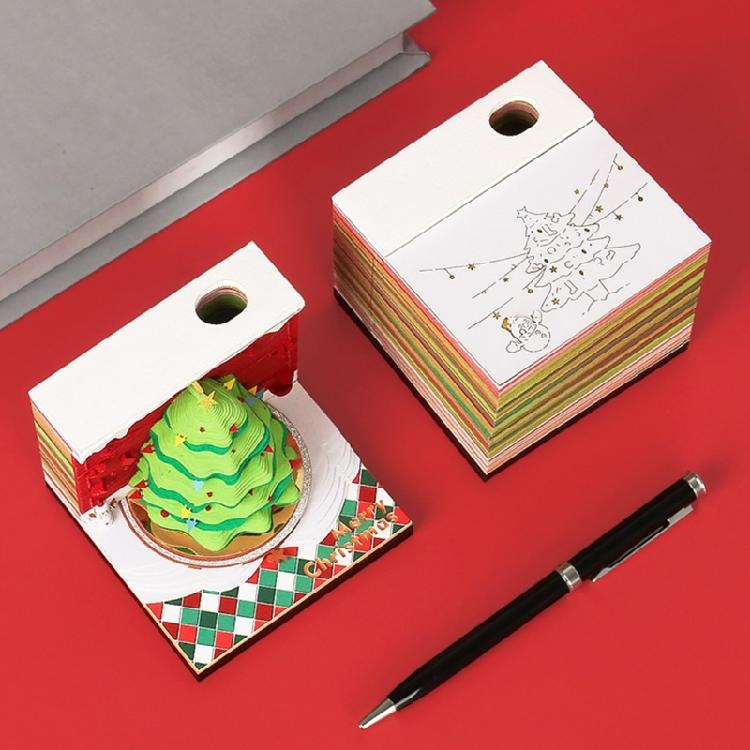 Christmas 3D Paper Carving Art Note Pad Tearable Page for Desk Ornament, Paper Sculpture Notepads with Pencil Holder