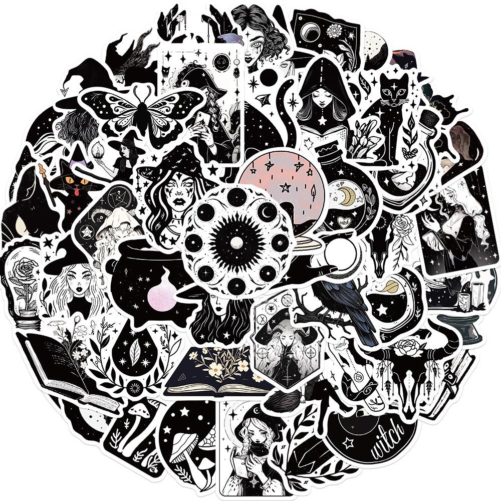50 Cartoon Black and White Witch Doodle Stickers Decorate Guitar Notebook Suitcase DIY Waterproof
