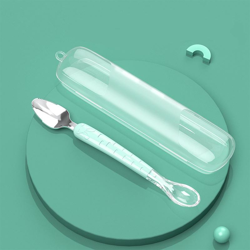 

Stainless Steel Baby Cutlery Silicone Double Head Scraping Fruit Puree Spoon Complementary Food Spoon