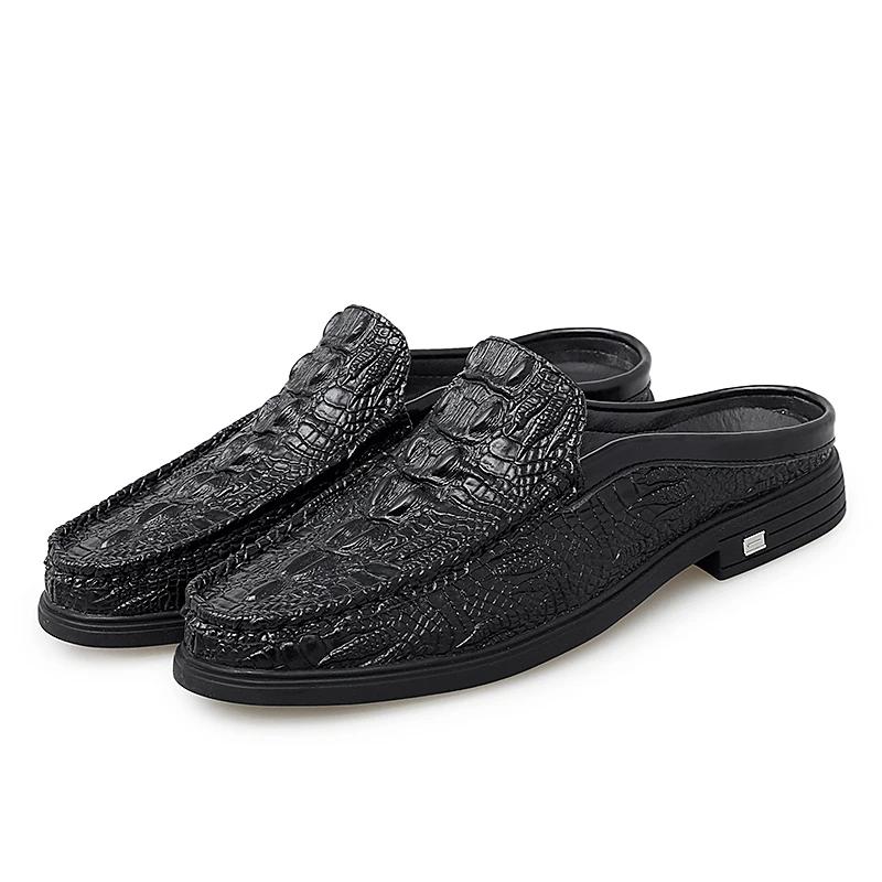 Fashion Fashion Top Layer Genuine Leather Antiskid Loafers Breathable Antiskid Driving Design Crocodile Pattern Walking Half Drag Shoes