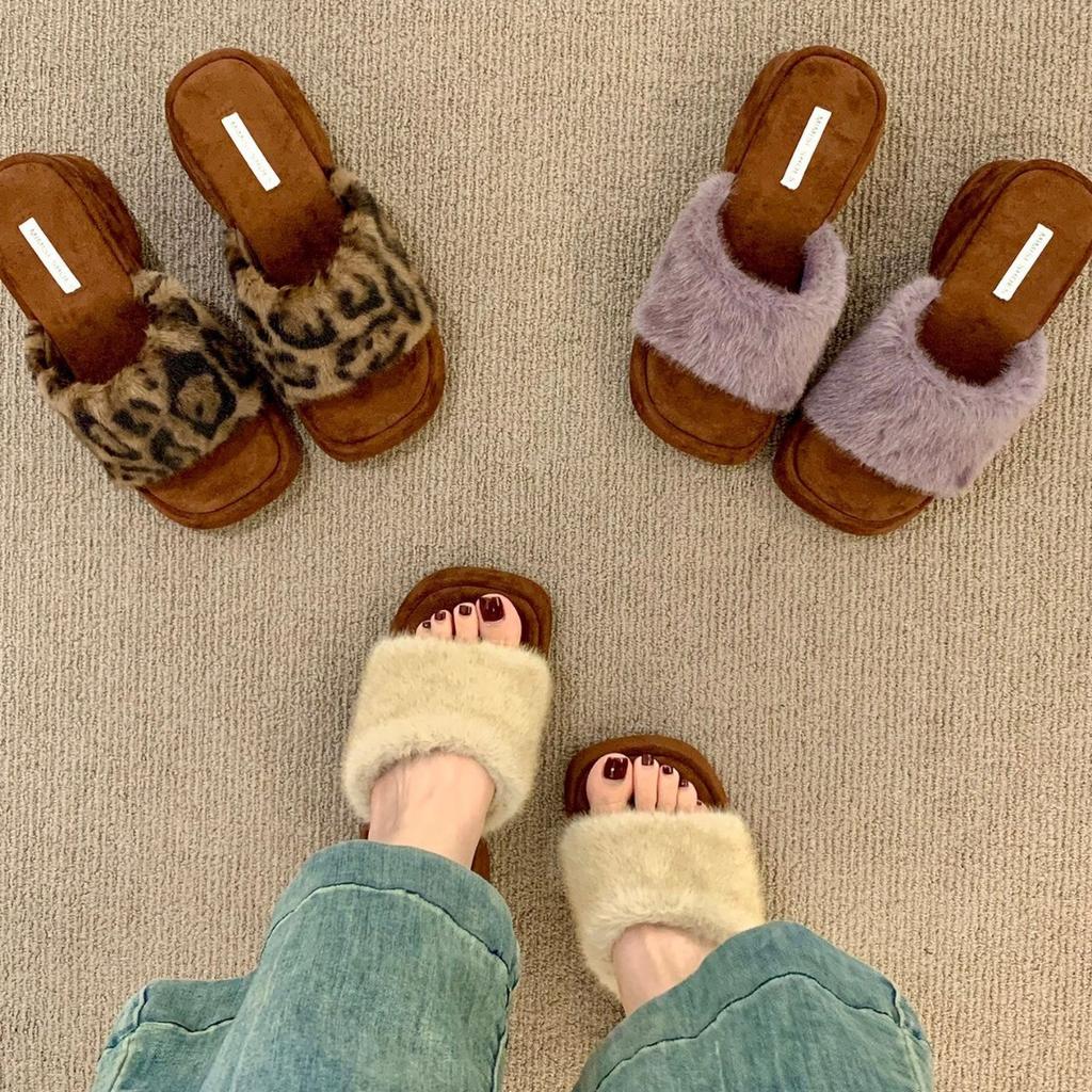 Wedge heel retro French versatile fluffy shoes women's shoes wear 2025 new autumn high heels plush slippers