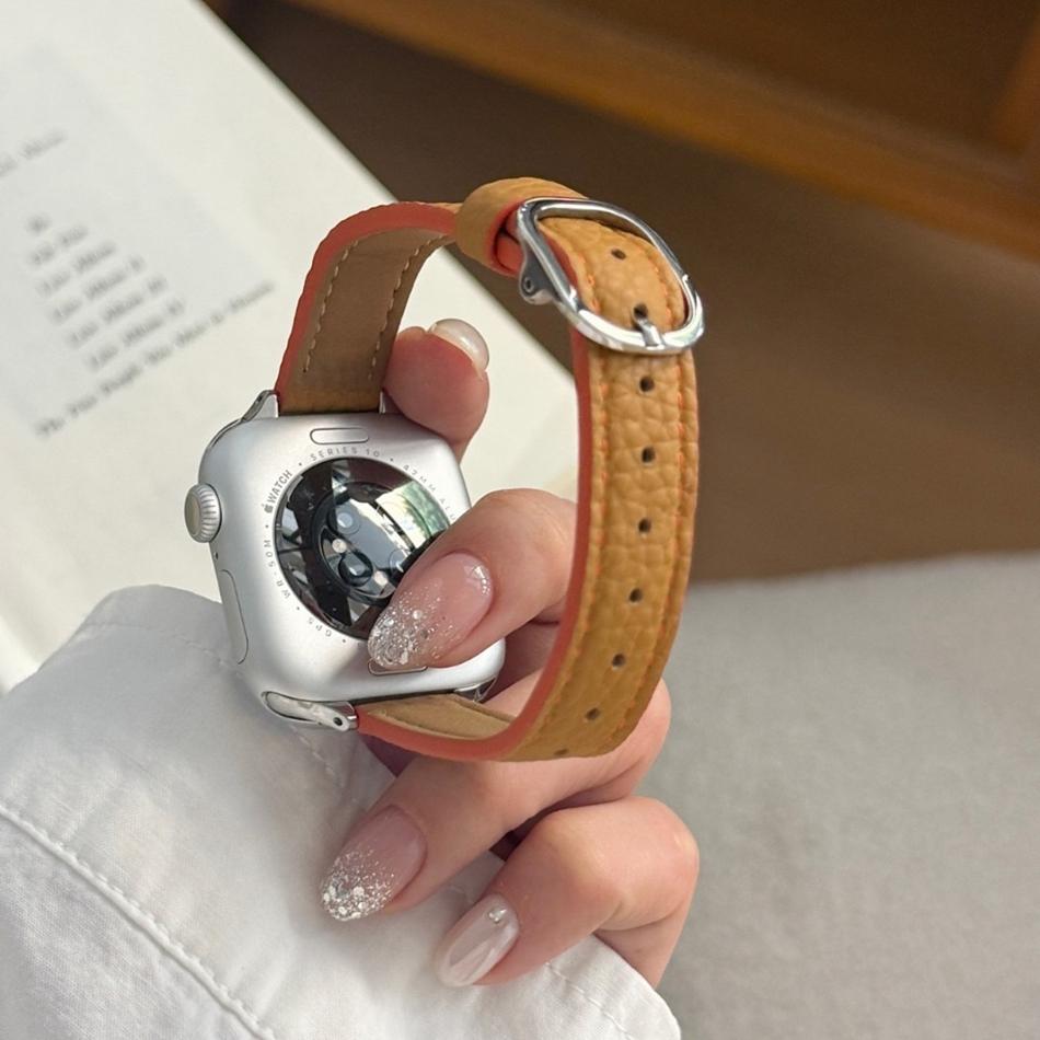Two-tone Lychee Leather Bracelet For Apple Watch Band S11/10/9/8/7/6/Ultra iWatch Strap 49/46/45/44/42/41/40/38mm Slim Stylish
