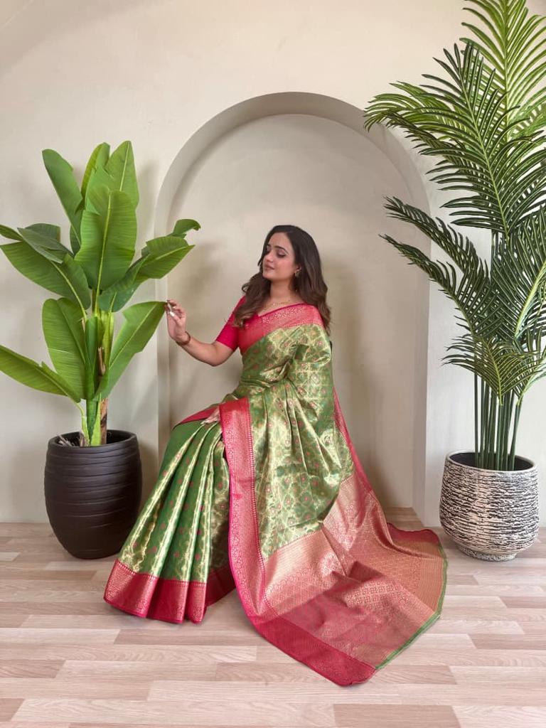 Women's Pure Tissue Silk Saree with Zari Weaving & Meena Work | Elegant Jaal Design | Contrast Running Blouse | Indian Wedding & Party Wear Saree