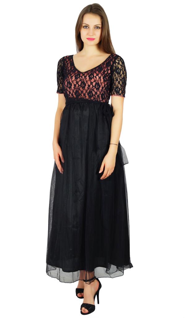 Bimba Womens Full Length Maxi Dress Black Net Prom Party Lace Gown