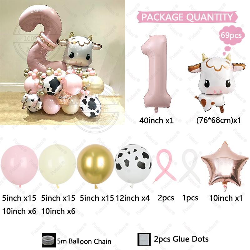 

69Pcs Animal Cow Themed Balloon Column 32inch Pink Number 1-9st Children Birthday Party Decoration Animal Farm Foil Balloon Deco 40inch
