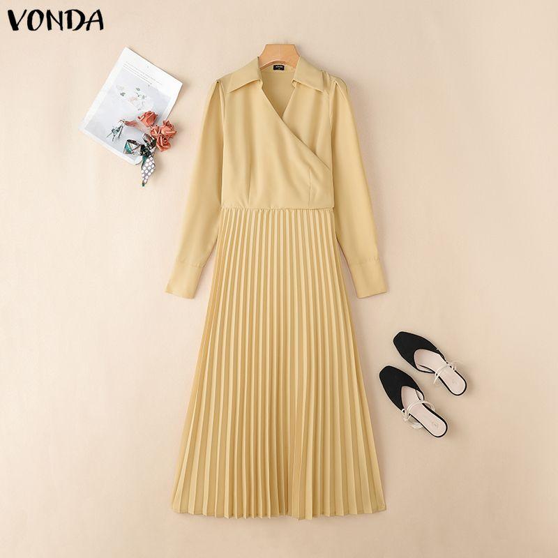 

VONDA Женское повседневное платье с отложным воротником, запахом спереди, свободного кроя, с длинными рукавами и плиссировкой 5XL хаки