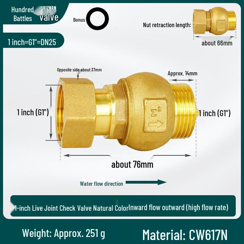 Full Copper Vertical Union Check Valve, Large Flow, Male/Female Thread, Anti-Backflow, Water Meter One-Way Valve, Water Pipe Backflow Preventer