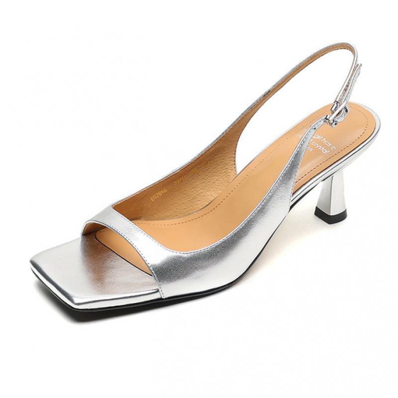 Summer Women's High-heeled Sandals New Thin-heeled Open-toed Sandals Casual Solid Color Leather Comfortable Beef Tendon Soft Bottom Square Head
