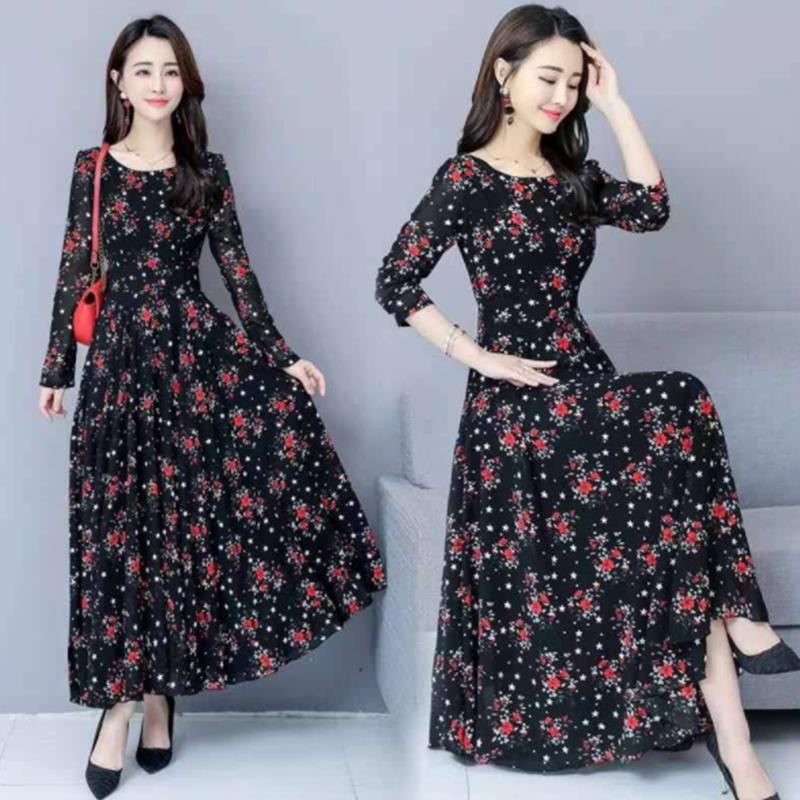 

Новое весеннее свободное платье в корейском стиле с принтом и длинным рукавом, пляжная юбка выше колена с круглым вырезом 4XL чёрный