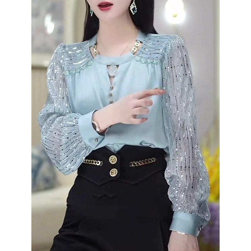French Round Neck Long-sleeved Casual Shirt, Fashionable and Elegant Sequin Stitching Hollow Out Elegant All-match Shirt