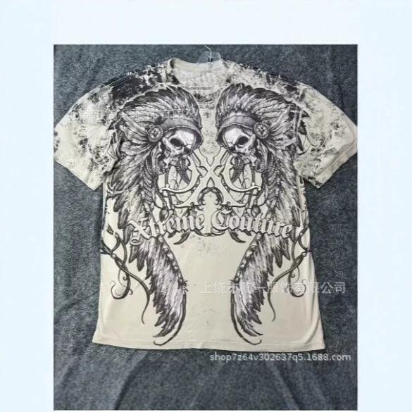 Summer Men's Fashion Skull Letter Printing Trend Slim Fit Casual 3D Digital Printing Short Sleeve Top
