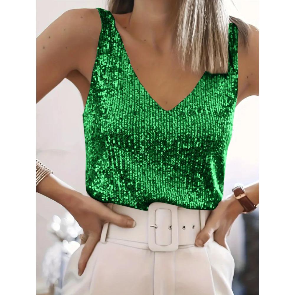 Women's V Neck Sleeveless Sequin Tank Top Straight Fit Elegant Party Cami Top