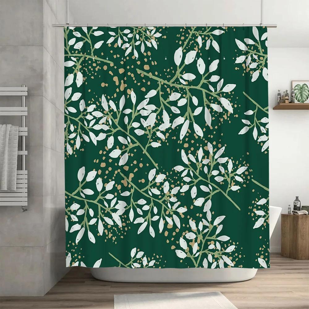 Green Floral Shower Curtain Set Luxury White Bathroom Decor for Home Modern Bath Mat, Rods Accessories Kit