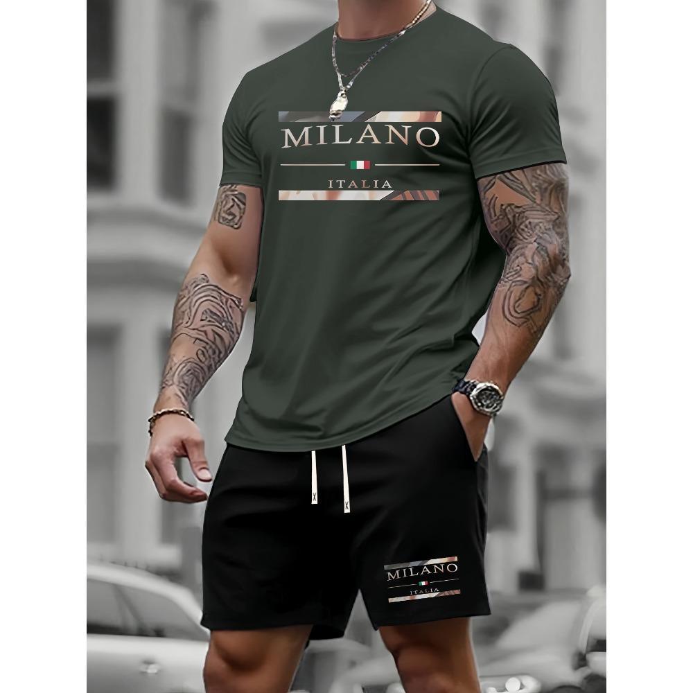 Men's Summer T-Shirt Set with Milan Print, Men's Fashion Casual Short Sleeve Trendy Sportswear Outfit New Men's Oversized 2026
