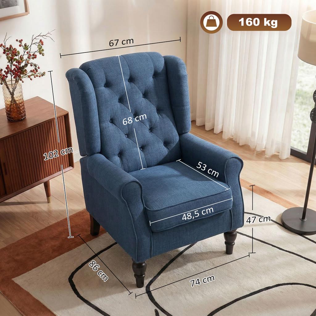 Eleganter Ohrensessel, Dick gepolstert, Abnehmbarer Bezug, 74 x 86 x 102 cm, Blau