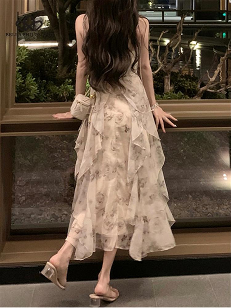 Spaghetti Strap Ruffles Dress Summer Women Fashion Elegant Midi Print Vintage Dresses Female Evening Clothes Vestdios