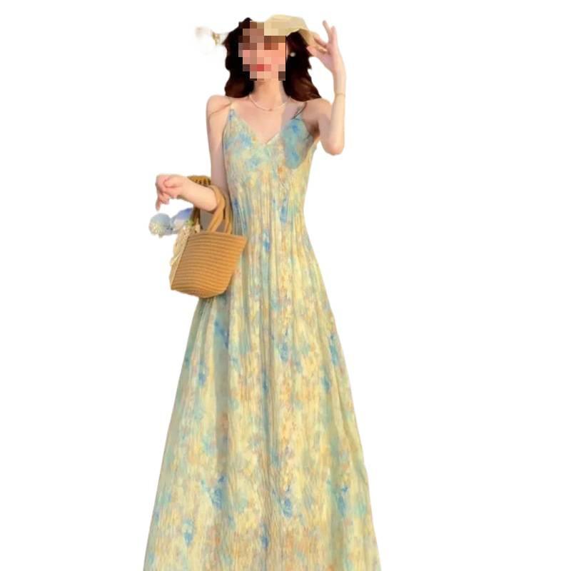 Summer new floral suspender dress simple commuter style splicing design long dress single piece middle-aged and young people