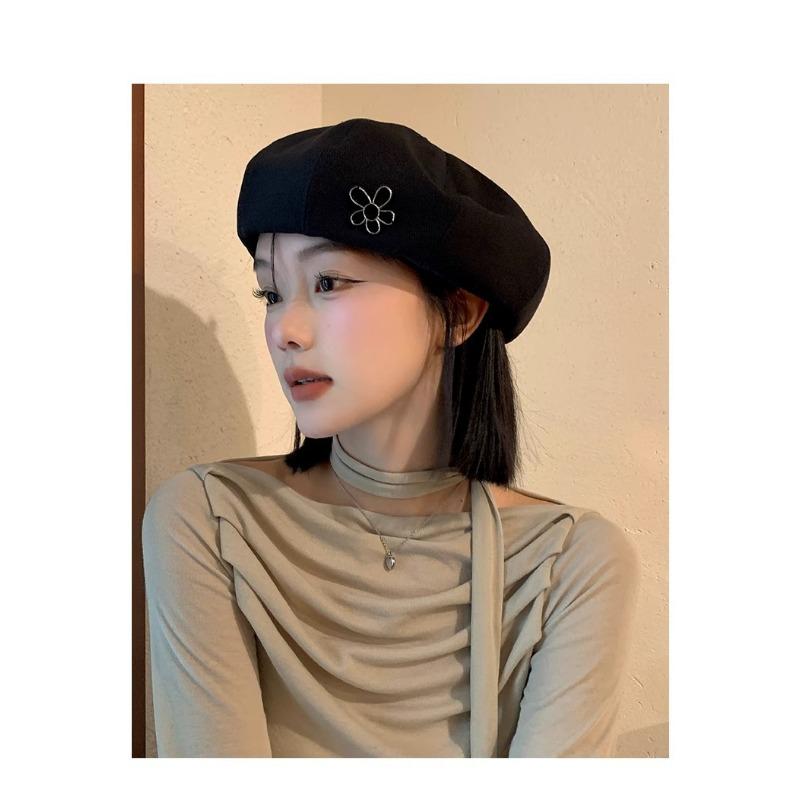 Women S Korean Style Flower Beret Hat Large Head Size Vintage Versatile