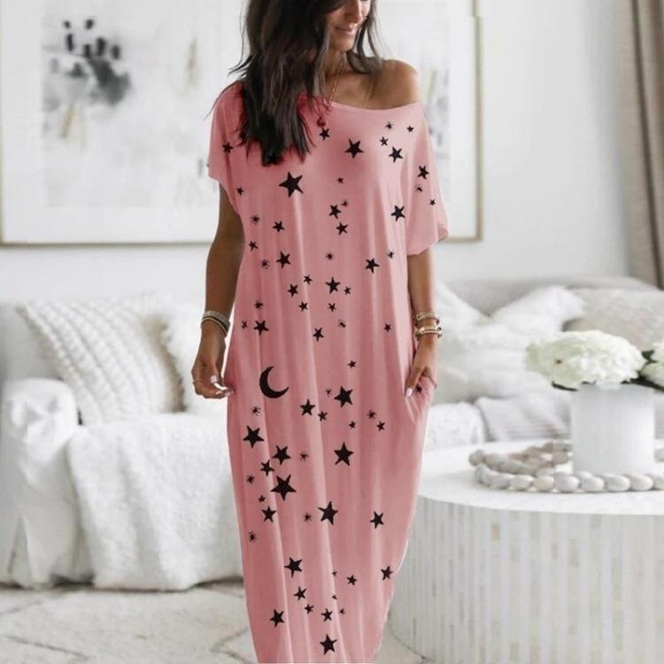 

Loose Maxi Dress Women Casual Short Sleeve Star Moon Print Pajamas Home Dress Pink Blue White Grey 4 Colors 2XL рожевий