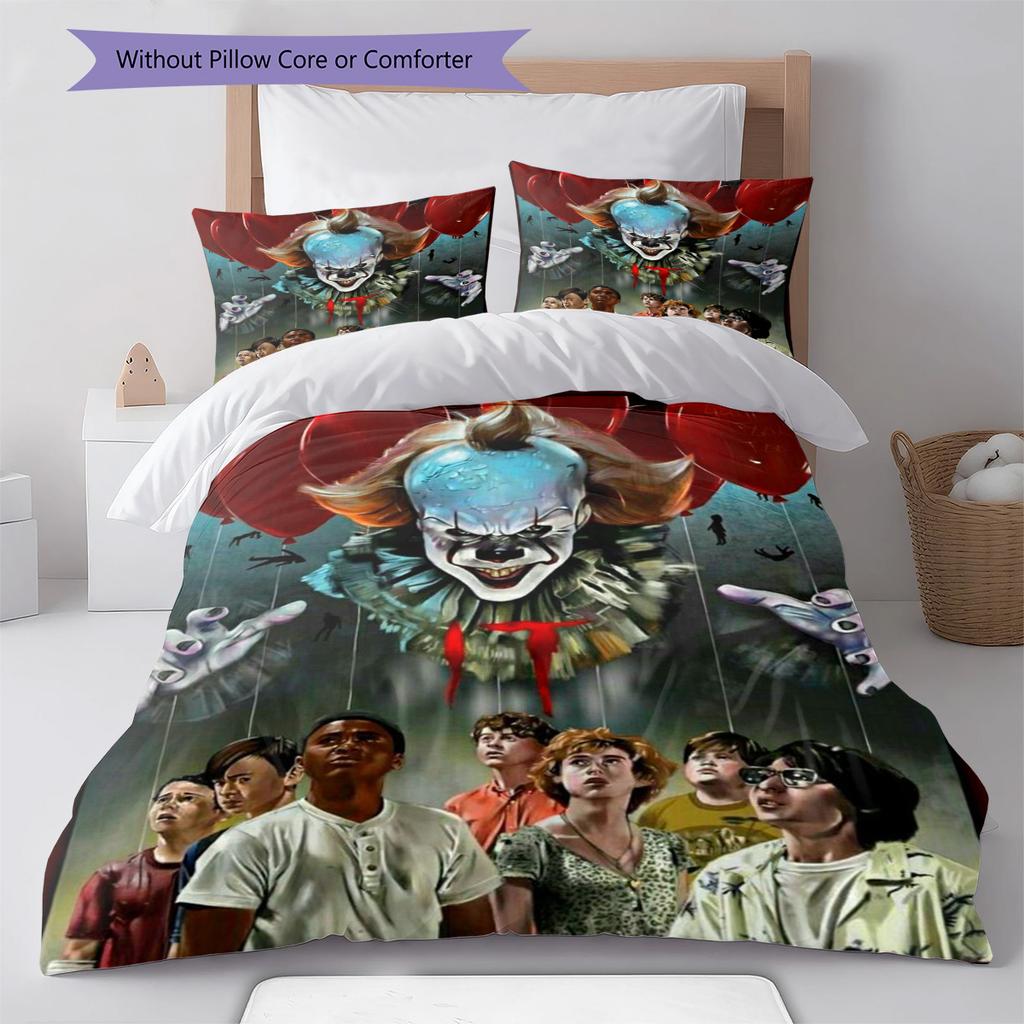 It Clown Horror Pattern Bedding Set Quilt Cover Pillowcase Home Decor Gift (1 * Duvet Cover + 2 * Pillowcase, Without Core)