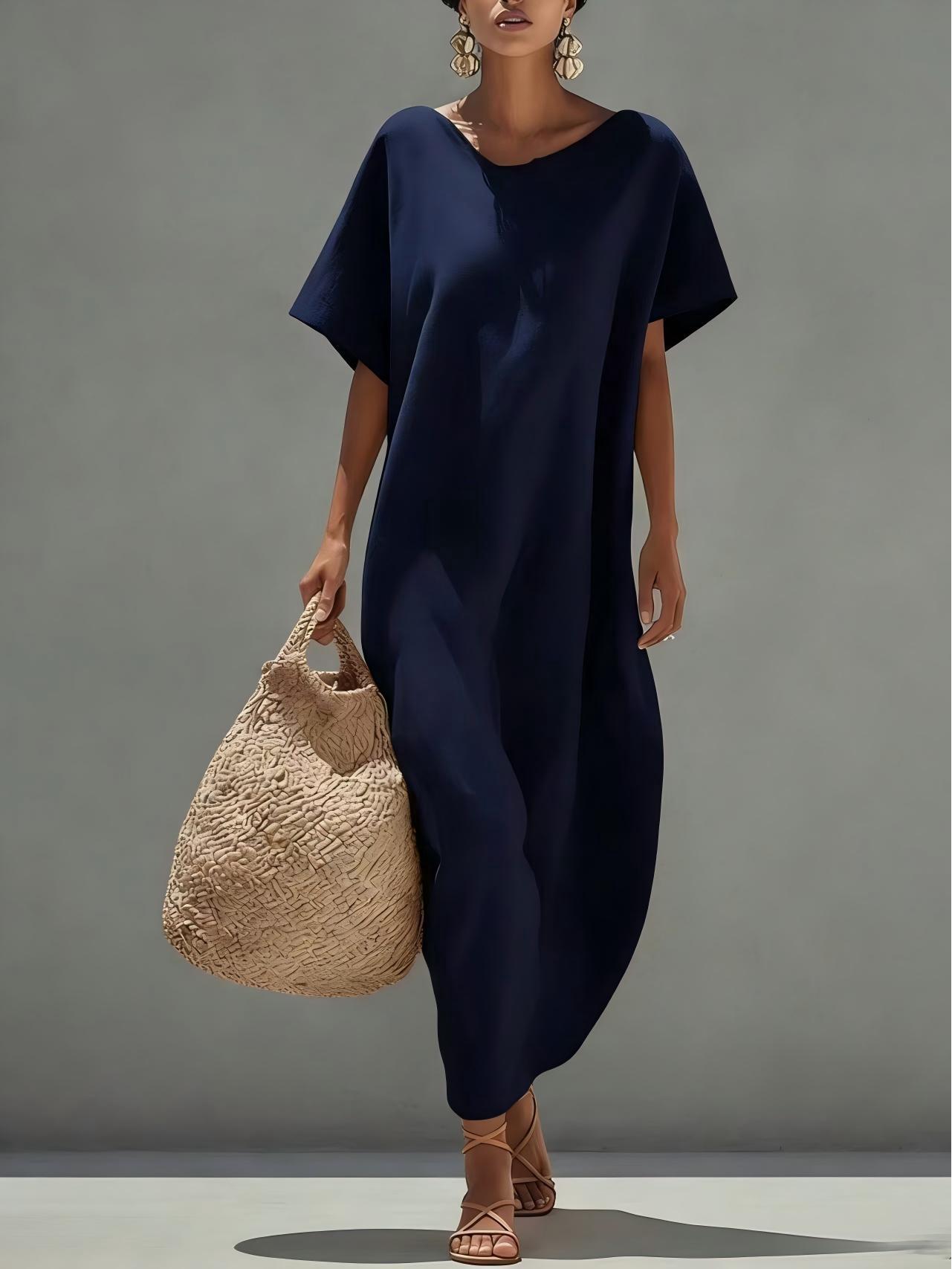 

Women s Spring/Summer Casual Solid Color Short Sleeve Dress XL темно-синий