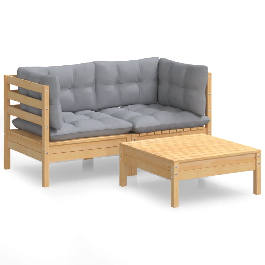 Vidaxl 3-Cz. Garden Lounge Set, Grey Cushions, Pine