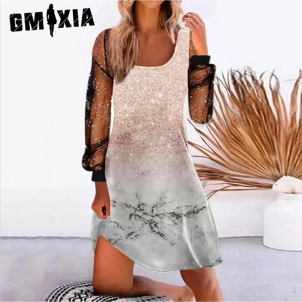 GMXIA Women's Fashion Spring Autumn Solid Color Print Long Sleeve U-Neck High Waist Casual Dresses