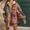 Women's Lapel Long Sleeve Shacket Oversized Fit Streetwear Colorful Plaid Flannel Shirt Jacket