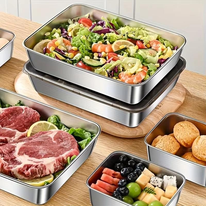 5pcs/set Stainless Steel Food Storage Stainless Steel Square Tray with Lid Box Kitchen Prep Tray Great for Home Parties