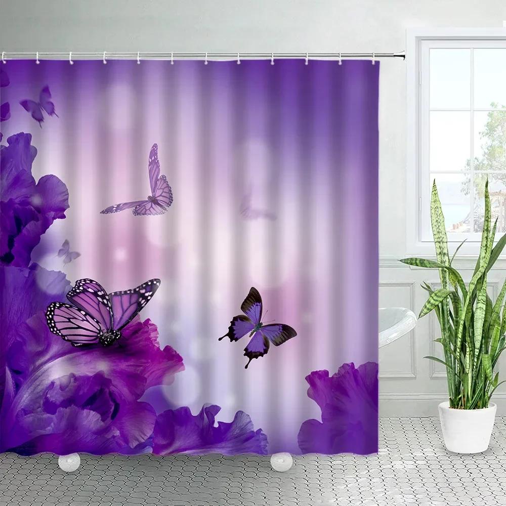 Butterfly Sunflower Shower Curtains Natural Yellow Flowers White Background Decor Simple Fabric Home Decor Bathroom Curtain Sets