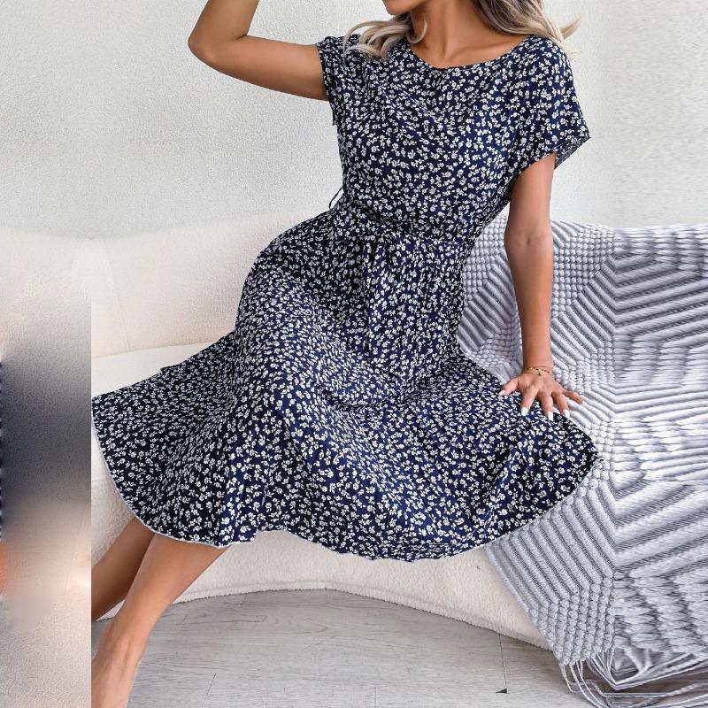 Spring Summer Women Short Sleeve Floral Pleated High Waist A Line Long Dress