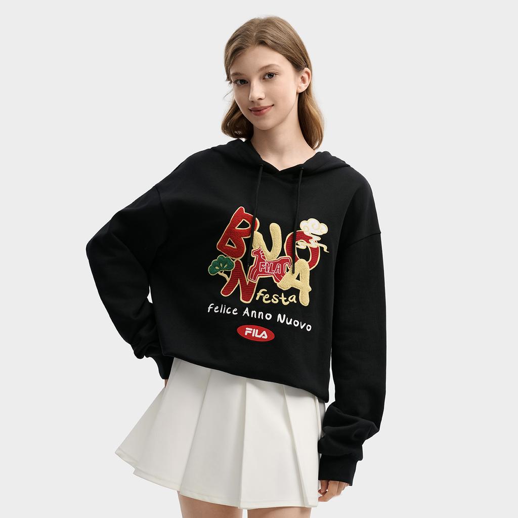 Fila CNY Bereit zum Abheben Frühjahrsmode Trendig Retro Sportlich Lässig Vielseitig Bequem Baumwolle Hoodie Lockerer Schnitt Unisex Hoodies Schwarz F11M619225FBK