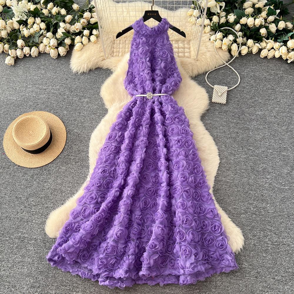 French High-end Fashion Three-dimensional Flower Neck Sleeveless Dress Women's Straps Waist Thin Temperament Big Swing Dress