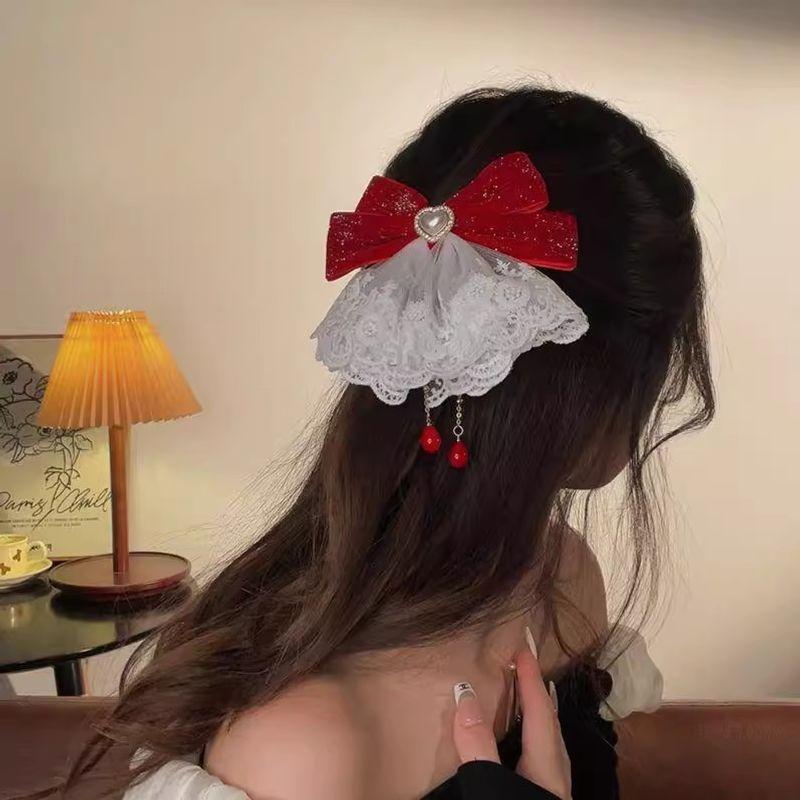 Sweet Temperament, Lace Red Bow, One Line Clip, Runaway Princess, Broken Diamond Hair Clip, Back Of The Head Clip Headband