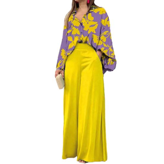 

2 шт./комплект. Проста сорочка з принтом із листям на лацканах. Комплект із довгими штанами. Довгий рукав. Завищена талія. Широкі штанини. Щоденний офісний одяг. Одяг для відпочинку. L жовтий