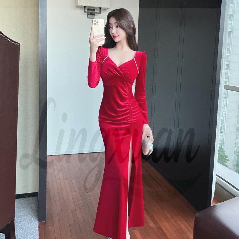 Elegant French-Inspired Gold Velvet Evening Gown with Waist-Cinching Slit Medium красный
