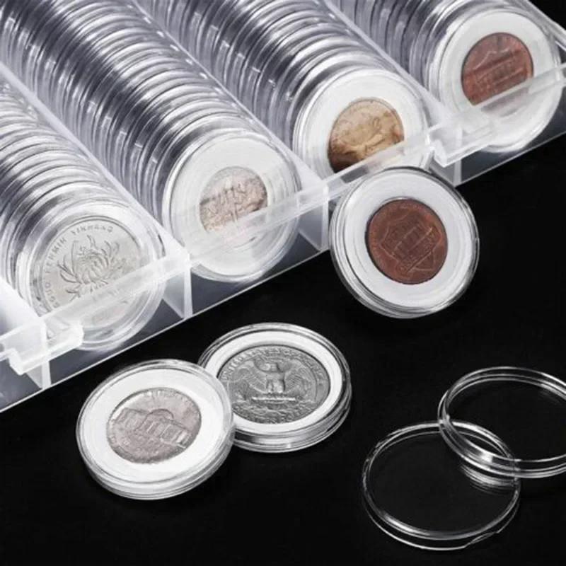 100Pcs 21/23/26/38mm Clear Round Plastic Coin Holders Capsules Container Storage Case Box Coin Cases Holder Coin Collecting Box