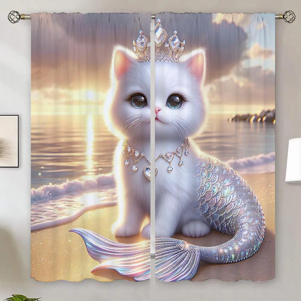 Mermaid Cat Elegant Room Curtains for Living Room Cheap Things With Free Shipping for Home Interior Curtains Blackout Curtain