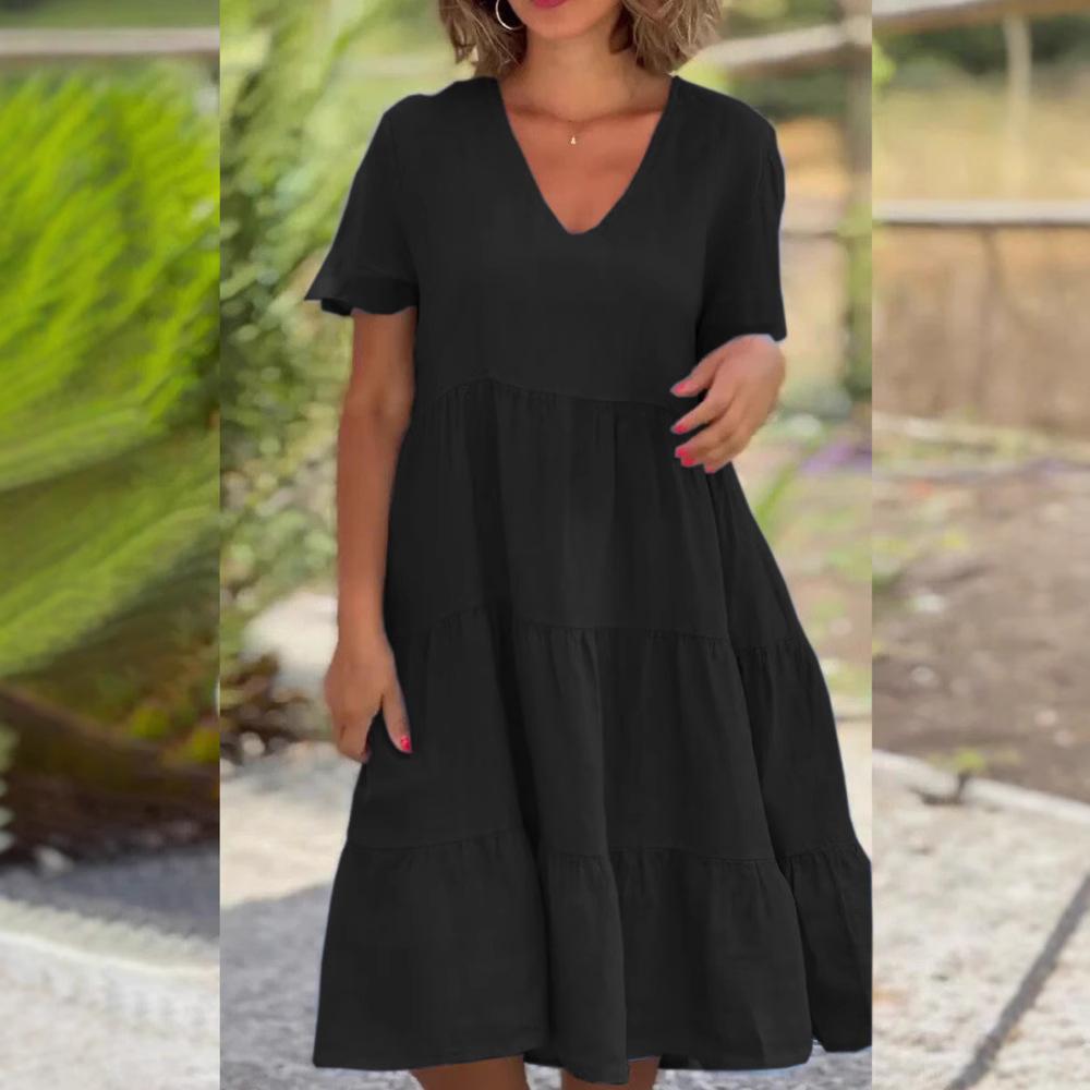 Cotton Linen Casual Women's Dresses Spring Summer Sweet Short Sleeve Solid V-neck Large Swing Loose Dress
