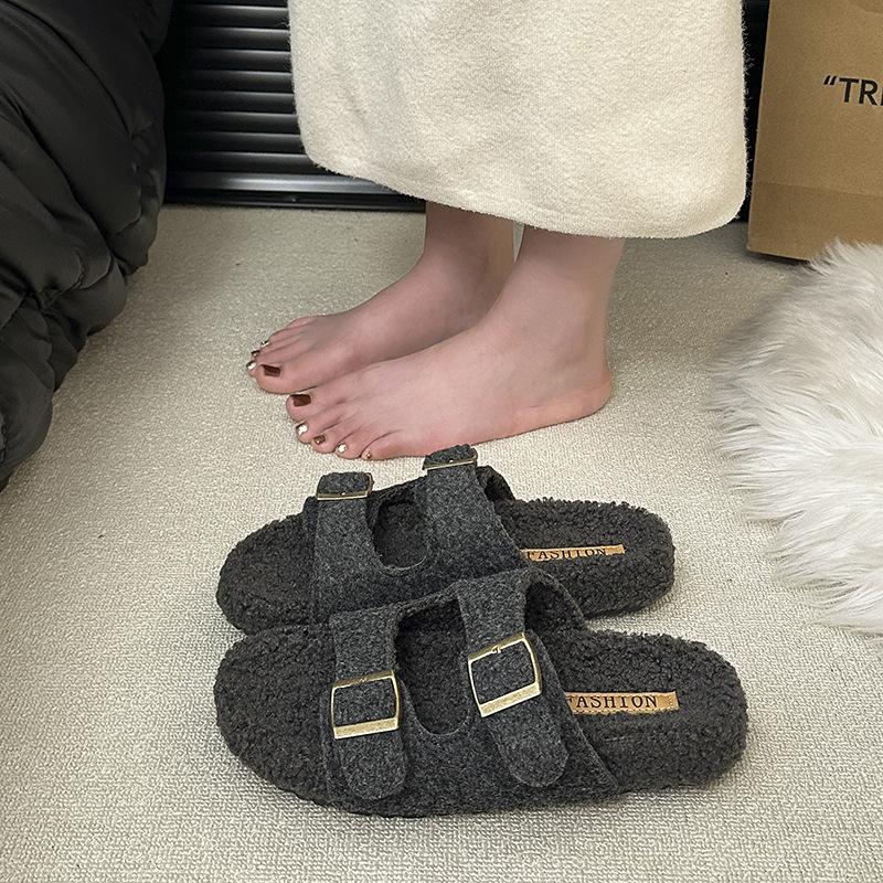 2025 autumn new belt buckle thick bottom fluffy slippers women wear warm Korean version one word lazy cotton slippers tide