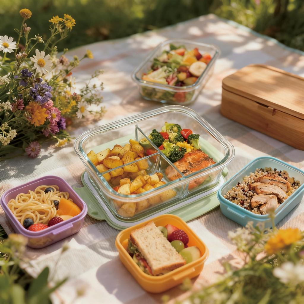 Glass Lunch 960ml 3 Airtight Storage Container Microwave and Oven Safe Perfect for Prepared Green Lid JXN-Yun Heat-Resistant Box, Capacity,