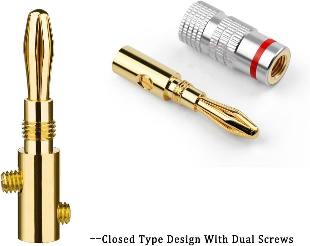 Banana Plugs 2 Pair/ 4 Pcs, 24K Gold Plated Dual Screws Jack Connectors for Amplifier, Speakers, Receiver