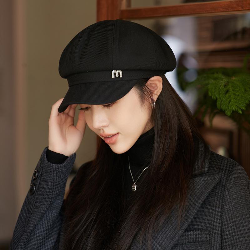 Autumn and Winter New Hat Women's Metal Letter M Standard Octagonal Hat Literary and Retro Face Newsboy Hat
