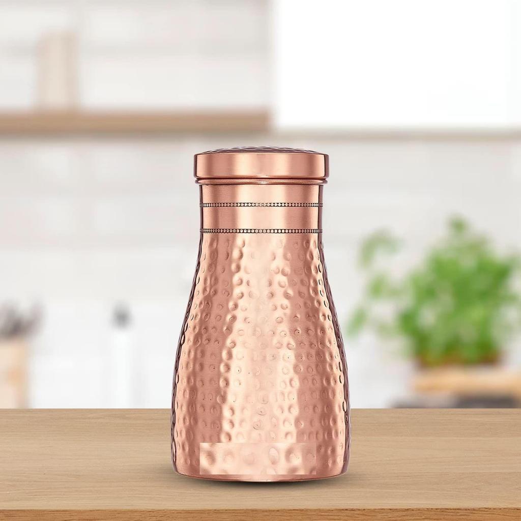 Copper Water Bottle | Bedside Bottle with Glass | Hammered Finish (1 Litre Capacity)