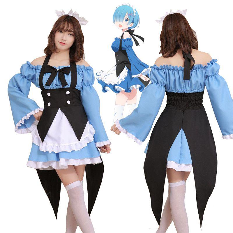 Elegant Re Zero Kara Hajimeru Lsekai Seikatsu Rem Ram Maid Dress Cosplay Costume Outfit With Exquisite Workmanship
