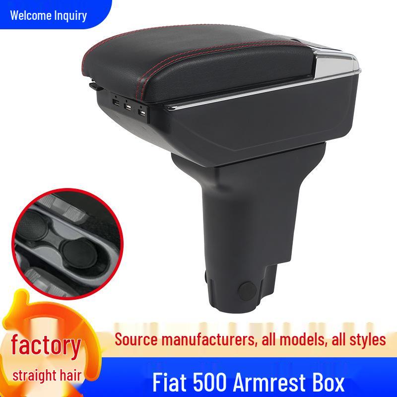 FIAT 500 Armrest Box (2012-2023) Center Console Accessory Single Layer Standard Black Red Stitch