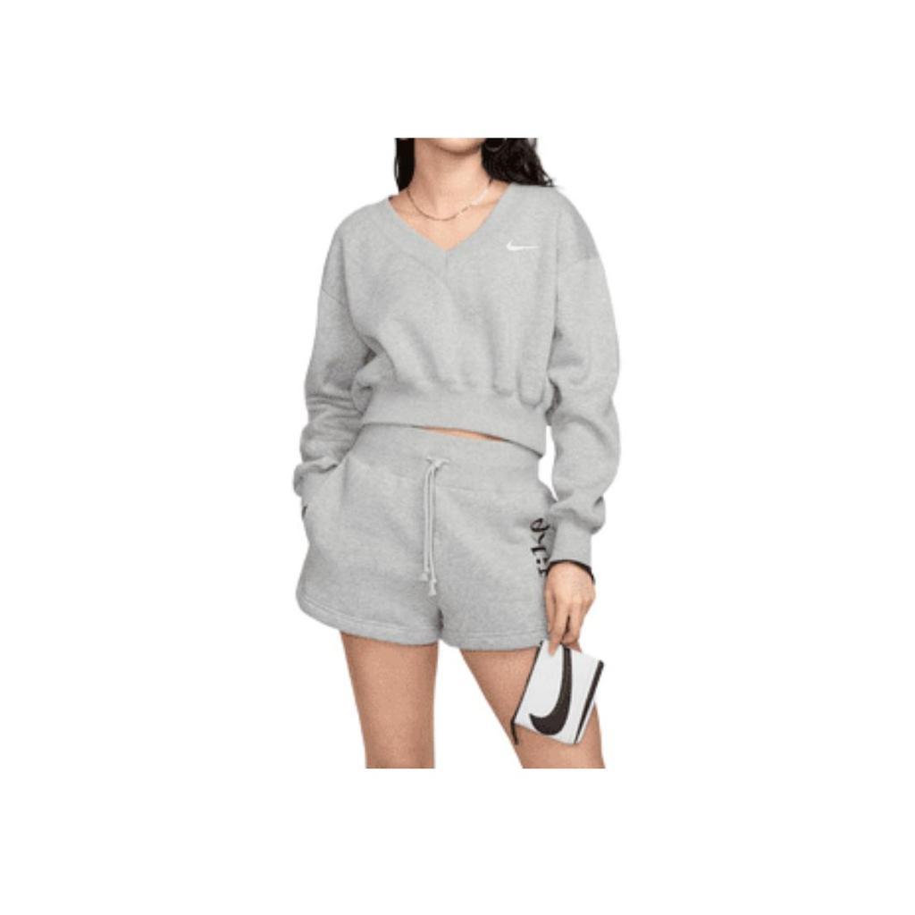 Nike Sportswear Phoenix Fleece Solid Color Short V Neck Fleece Casual Sweatshirt Women Tops Gray FN3652-063