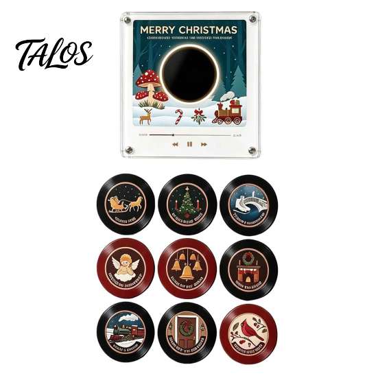 NFC Vinyl Record Player Fridge Magnet for Christmas, with 9 Programmable Records, Set 256MB Memory, LED Light-Up Personalized Magnetic Music Box Mini